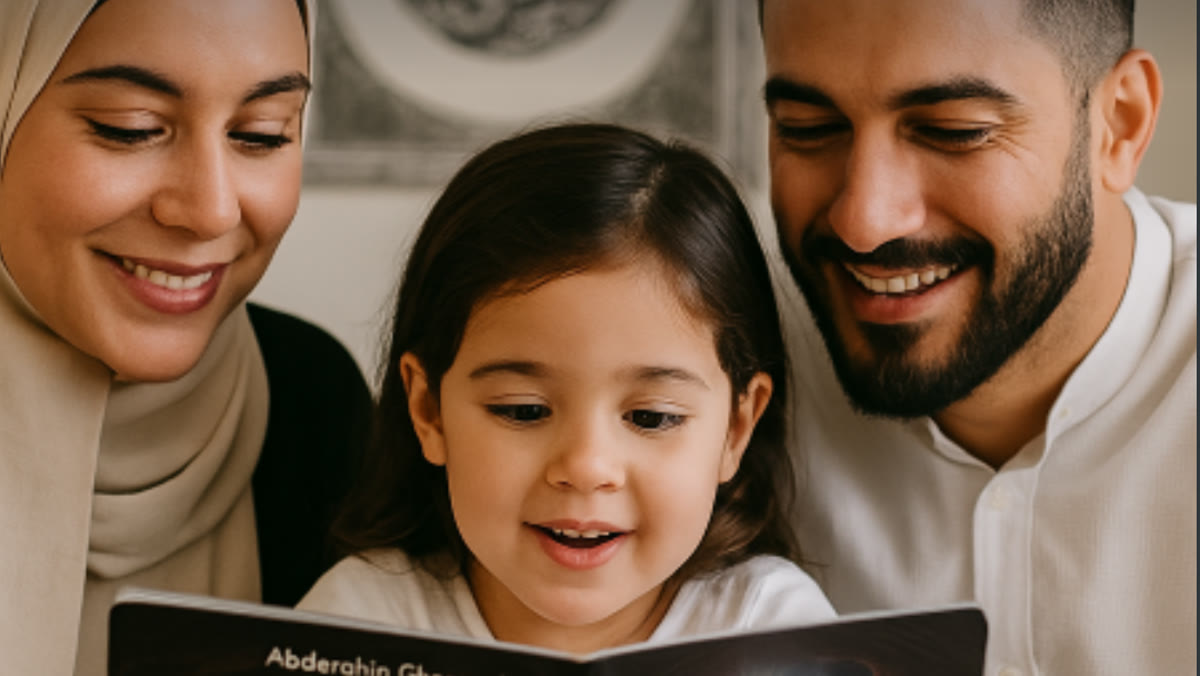 Gezin leest samen een islamitisch kinderboek voor het slapengaan