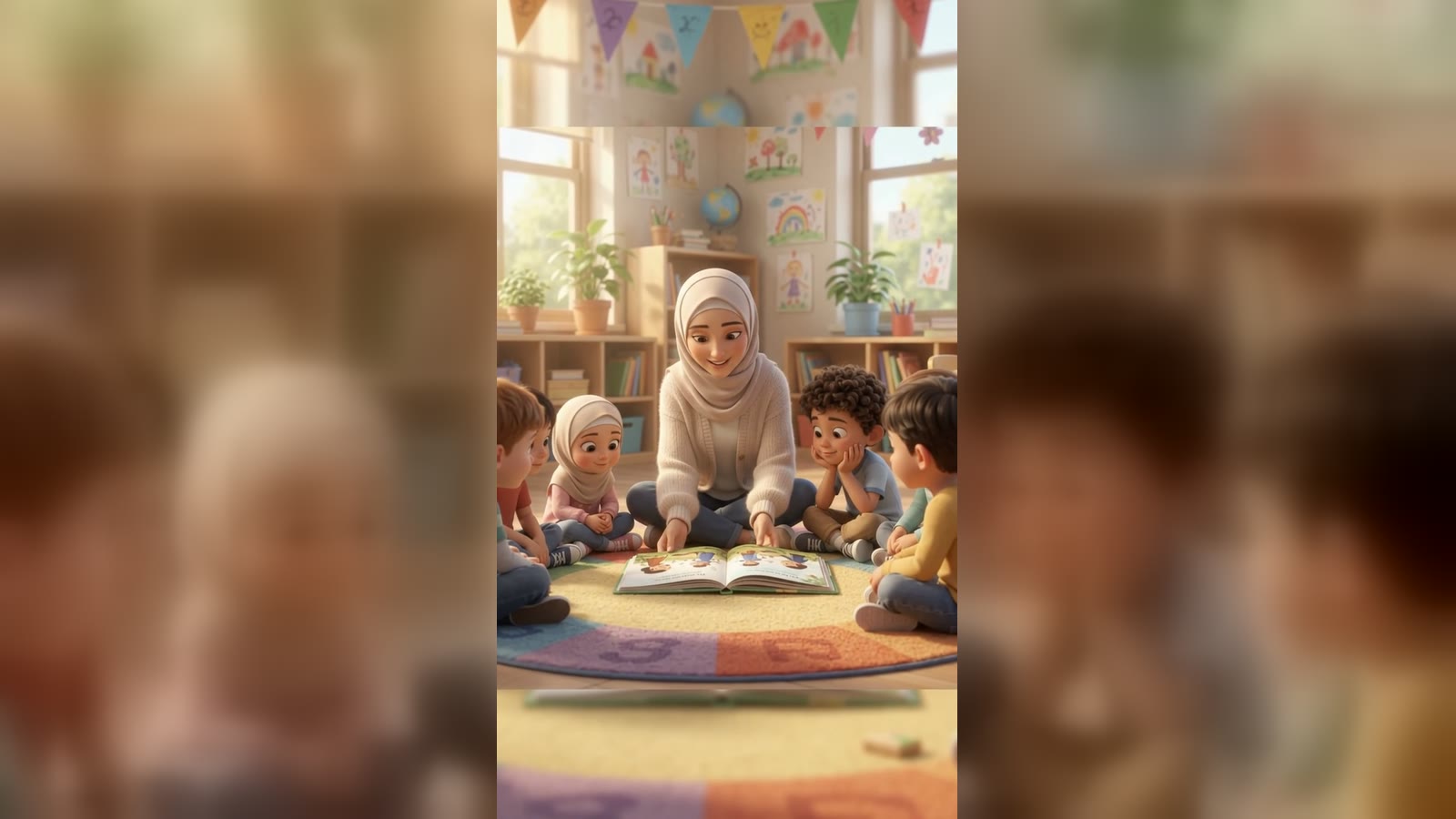 Juf leest een boek voor aan een groep kinderen in de klas