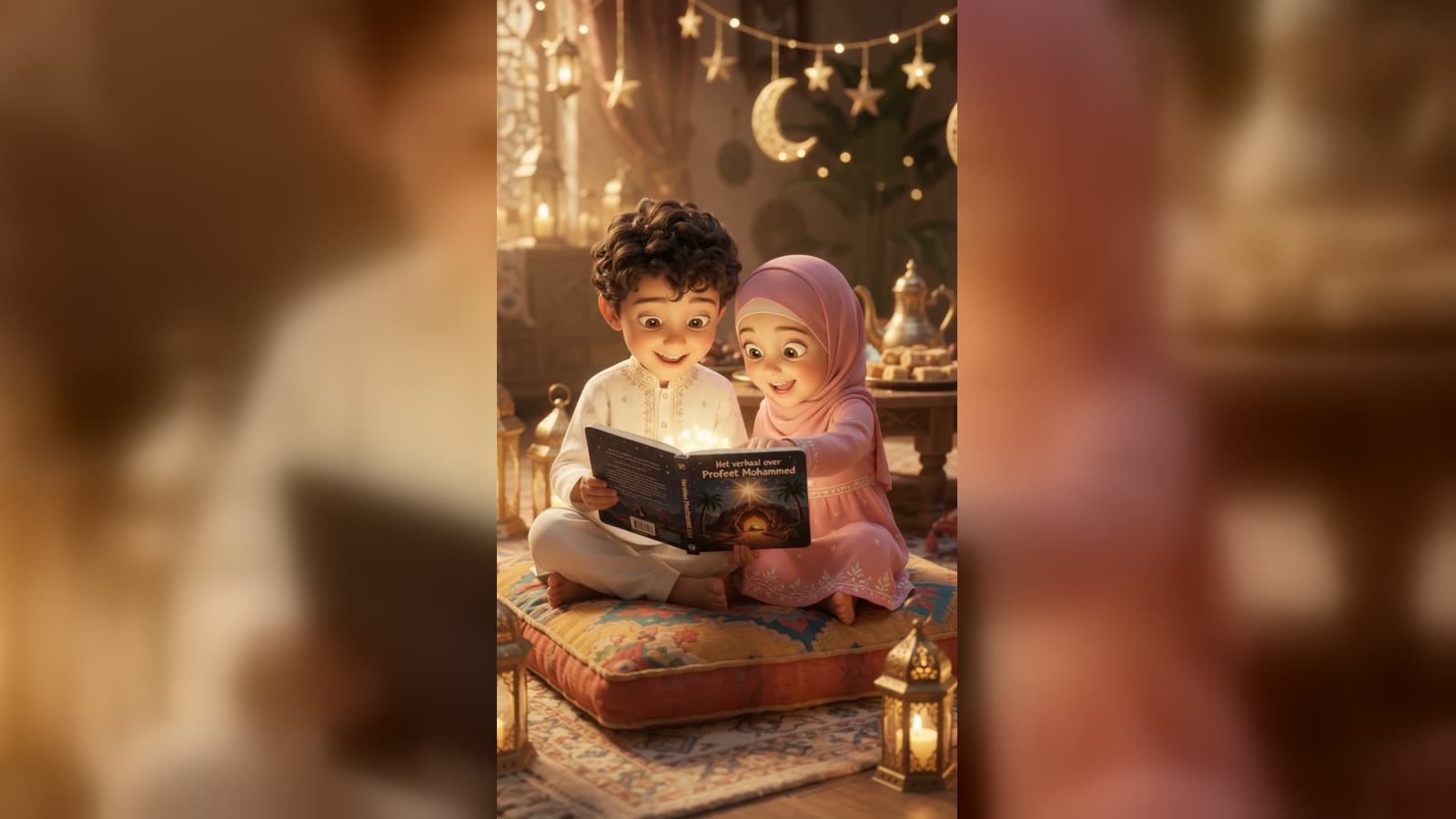 Twee kinderen lezen samen een boek tussen lantaarns